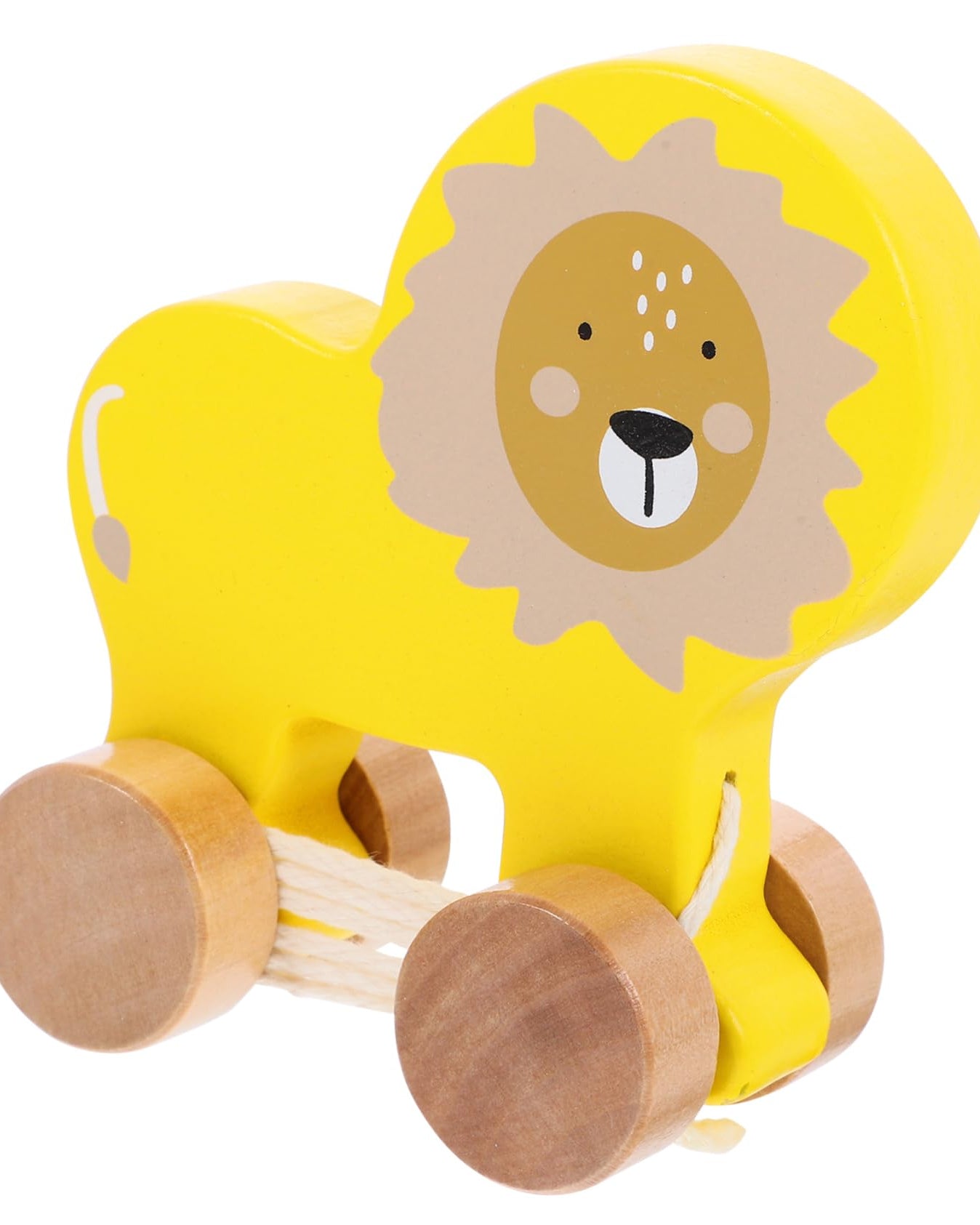 Yellow lion-shaped toy with wooden wheels on a white background